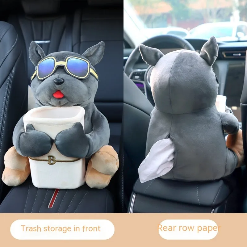 Plush hanging car tissue box for vehicle armrest with canine design options