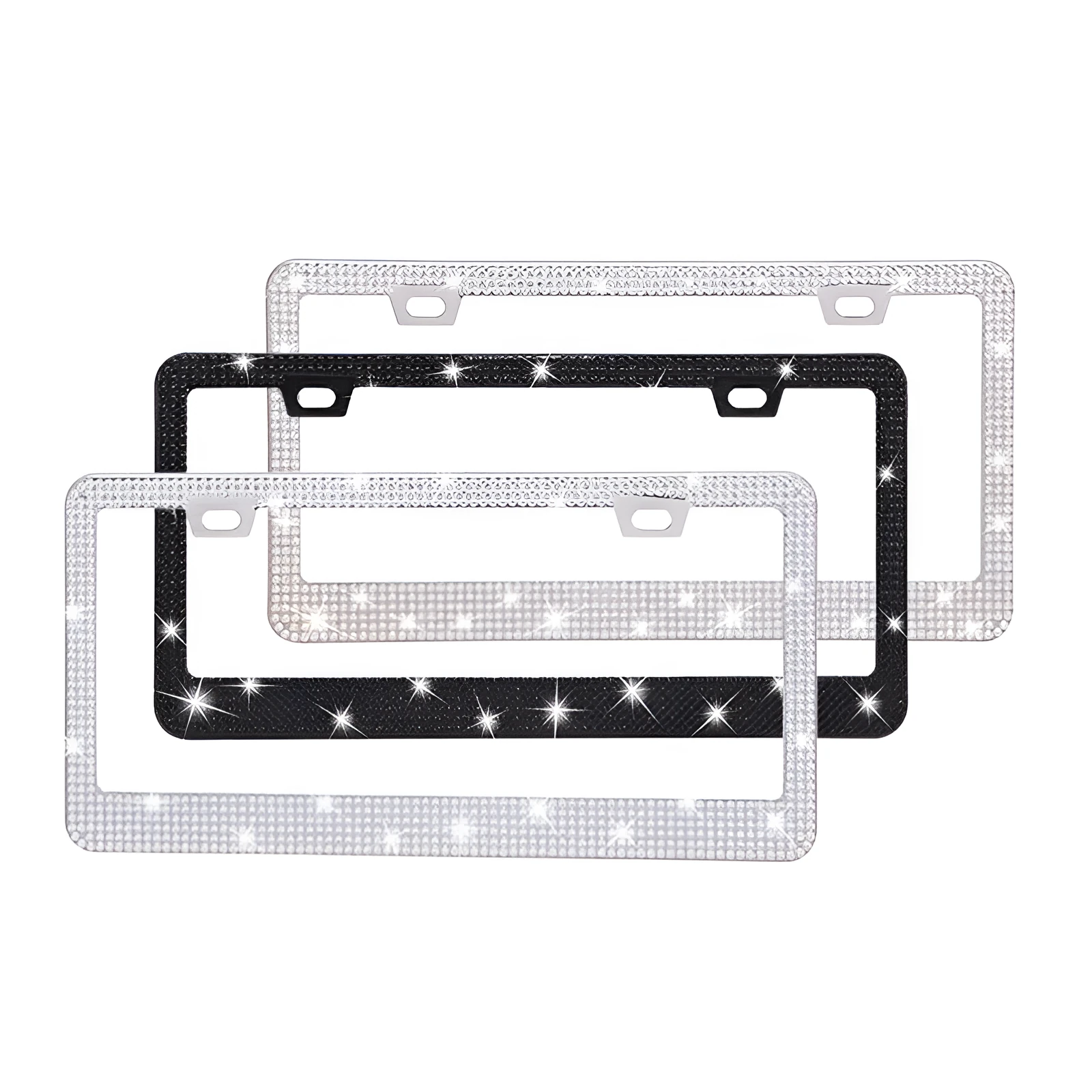 Stick-on crystal decorative licence plate frame on stainless steel with square hole design