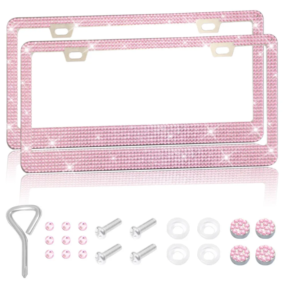 Stick-on crystal decorative licence plate frame on stainless steel with square hole design