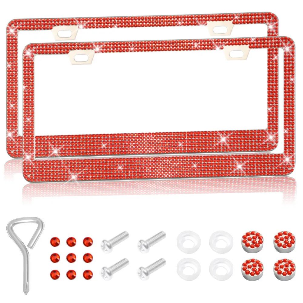 Stick-on crystal decorative licence plate frame on stainless steel with square hole design