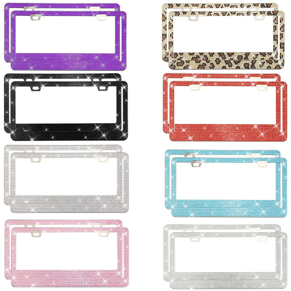 Stick-on crystal decorative licence plate frame on stainless steel with square hole design