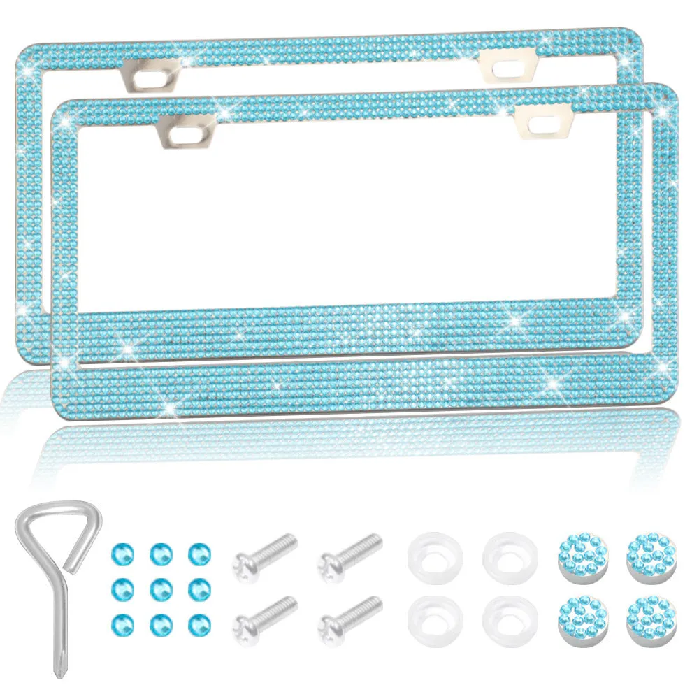 Stick-on crystal decorative licence plate frame on stainless steel with square hole design