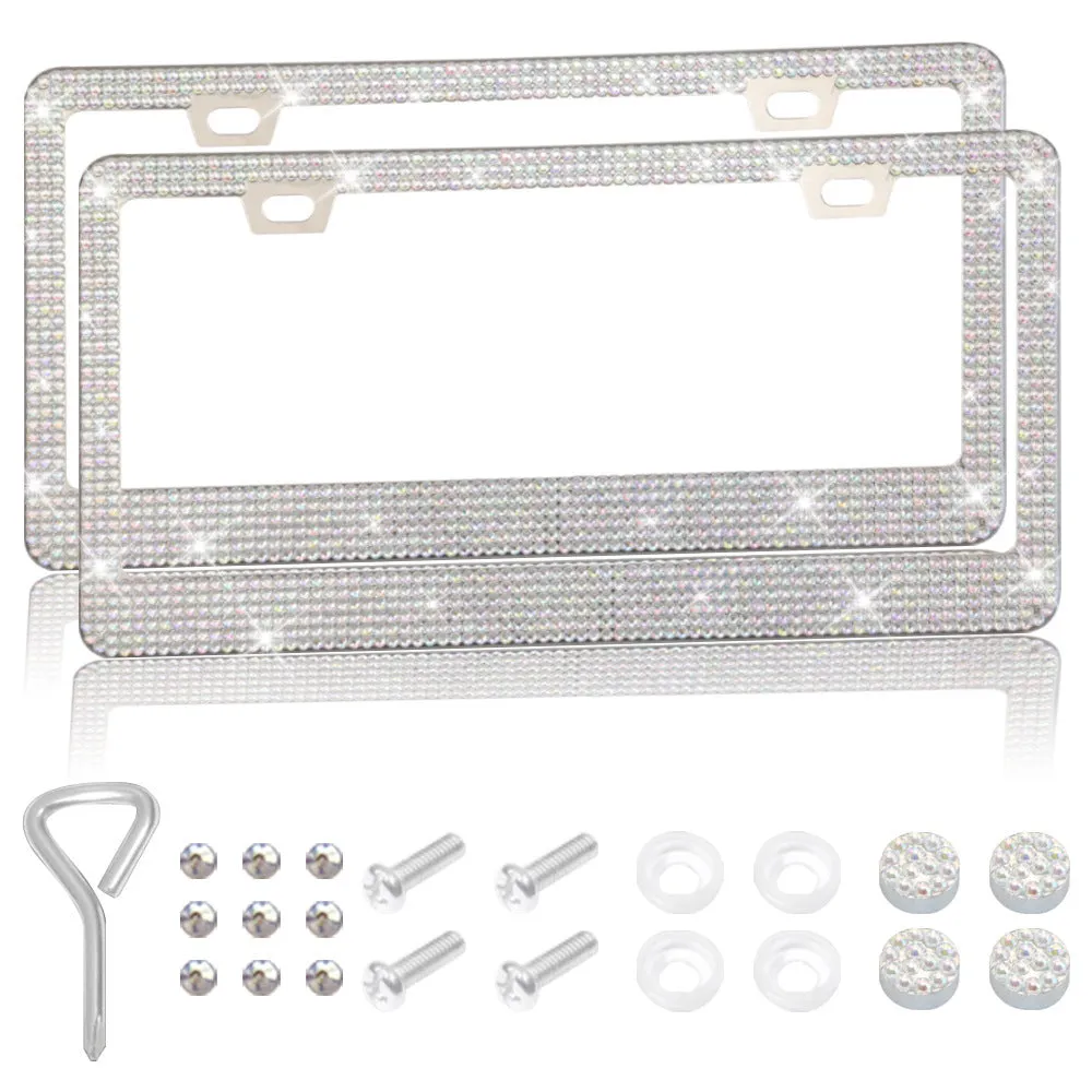 Stick-on crystal decorative licence plate frame on stainless steel with square hole design
