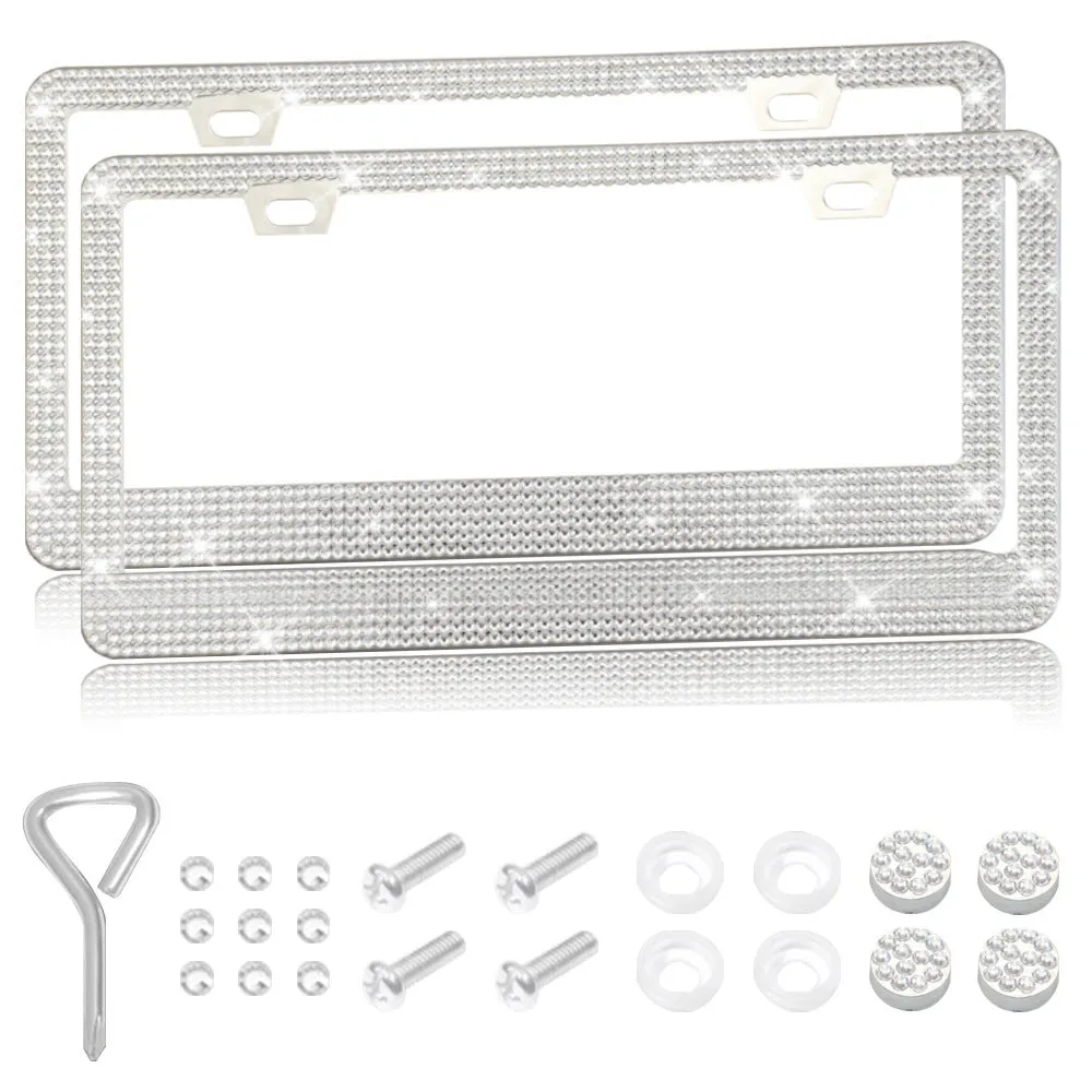 Stick-on crystal decorative licence plate frame on stainless steel with square hole design