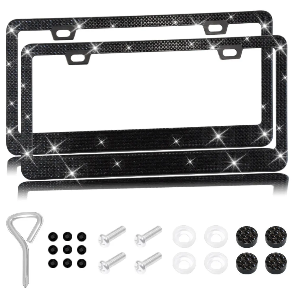 Stick-on crystal decorative licence plate frame on stainless steel with square hole design