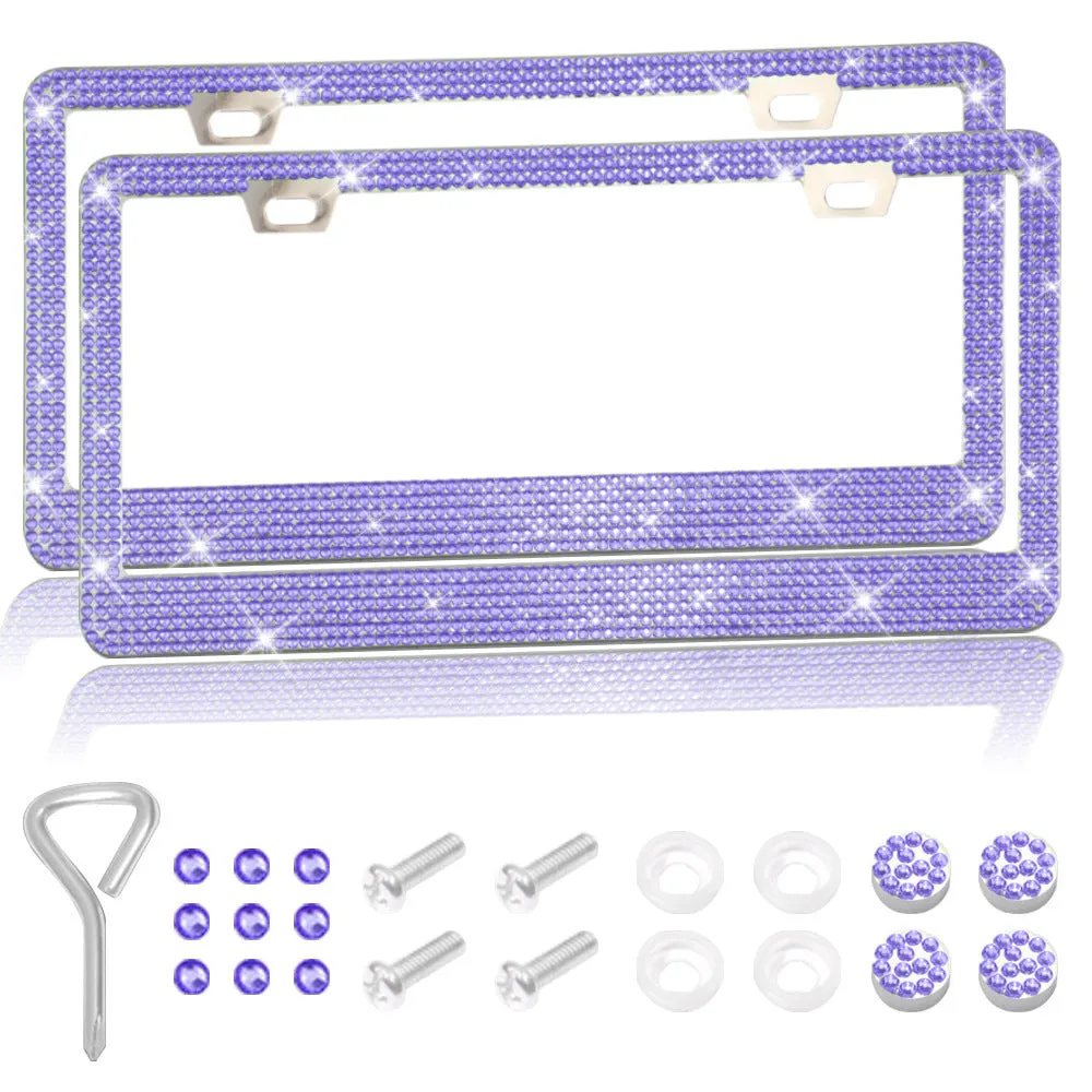 Stick-on crystal decorative licence plate frame on stainless steel with square hole design