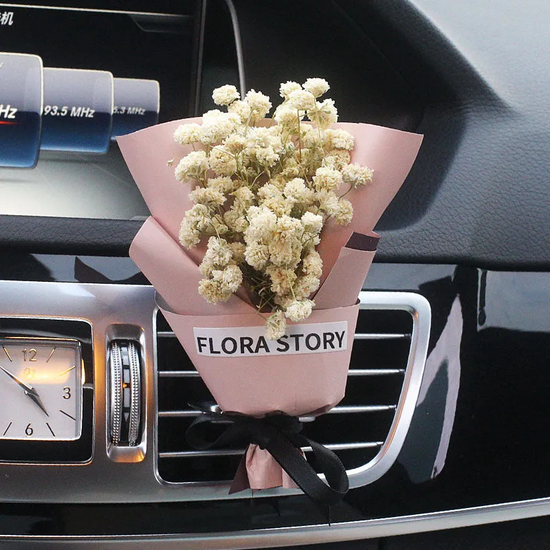 Car vent mounted dried flower bouquet decorative accessory in various floral styles