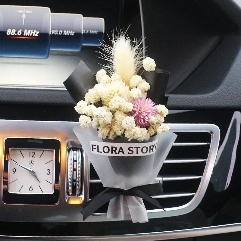 Car vent mounted dried flower bouquet decorative accessory in various floral styles