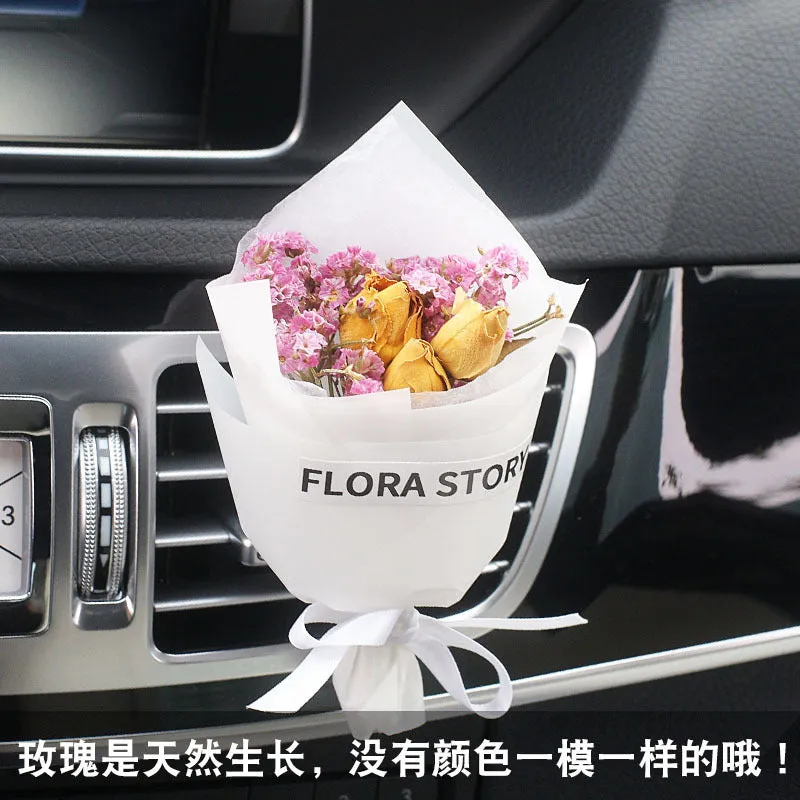 Car vent mounted dried flower bouquet decorative accessory in various floral styles