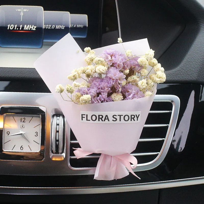 Car vent mounted dried flower bouquet decorative accessory in various floral styles