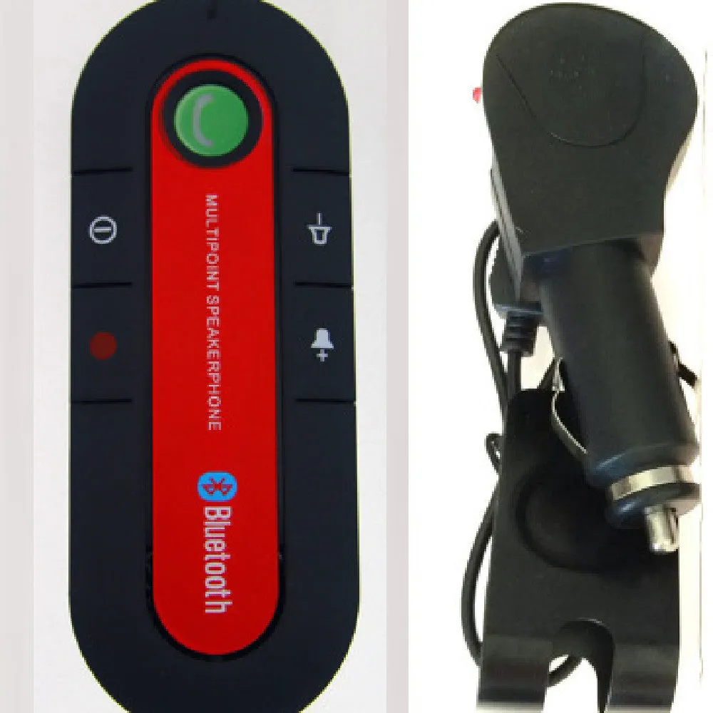 Black vehicle-mounted Bluetooth handsfree and music player device attached to a car sun visor.