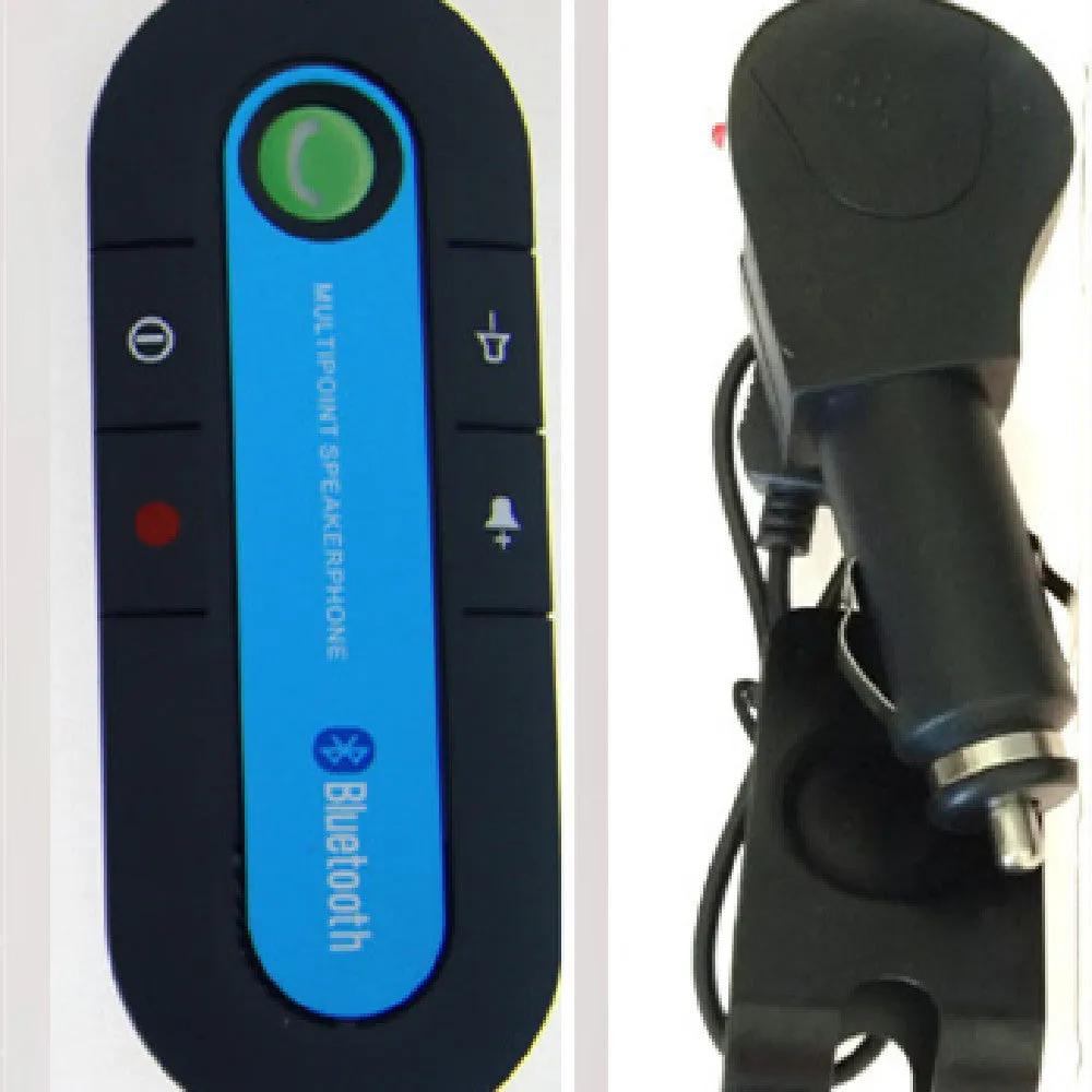 Black vehicle-mounted Bluetooth handsfree and music player device attached to a car sun visor.