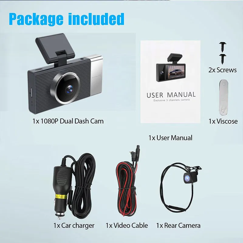 Wi-Fi connected driving recorder with a 3-inch screen and multiple lens options for car front, interior, and rear.