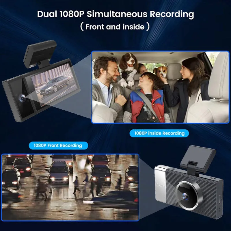 Wi-Fi connected driving recorder with a 3-inch screen and multiple lens options for car front, interior, and rear.