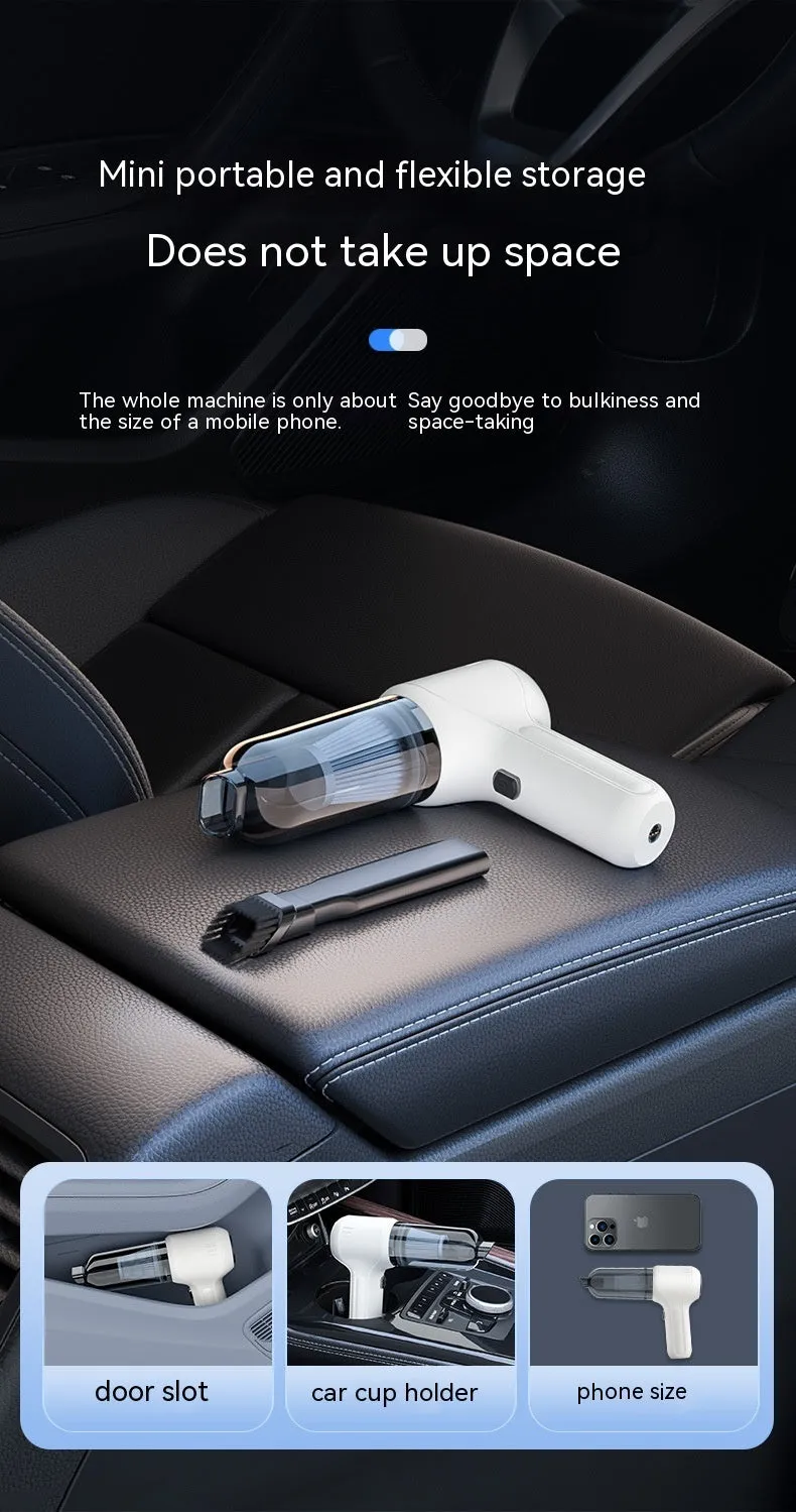 Black wireless wet and dry car vacuum cleaner with multiple nozzle attachments on a white background.