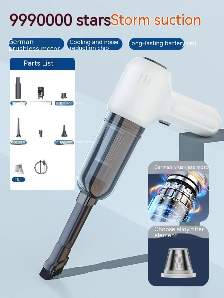 Black wireless wet and dry car vacuum cleaner with multiple nozzle attachments on a white background.