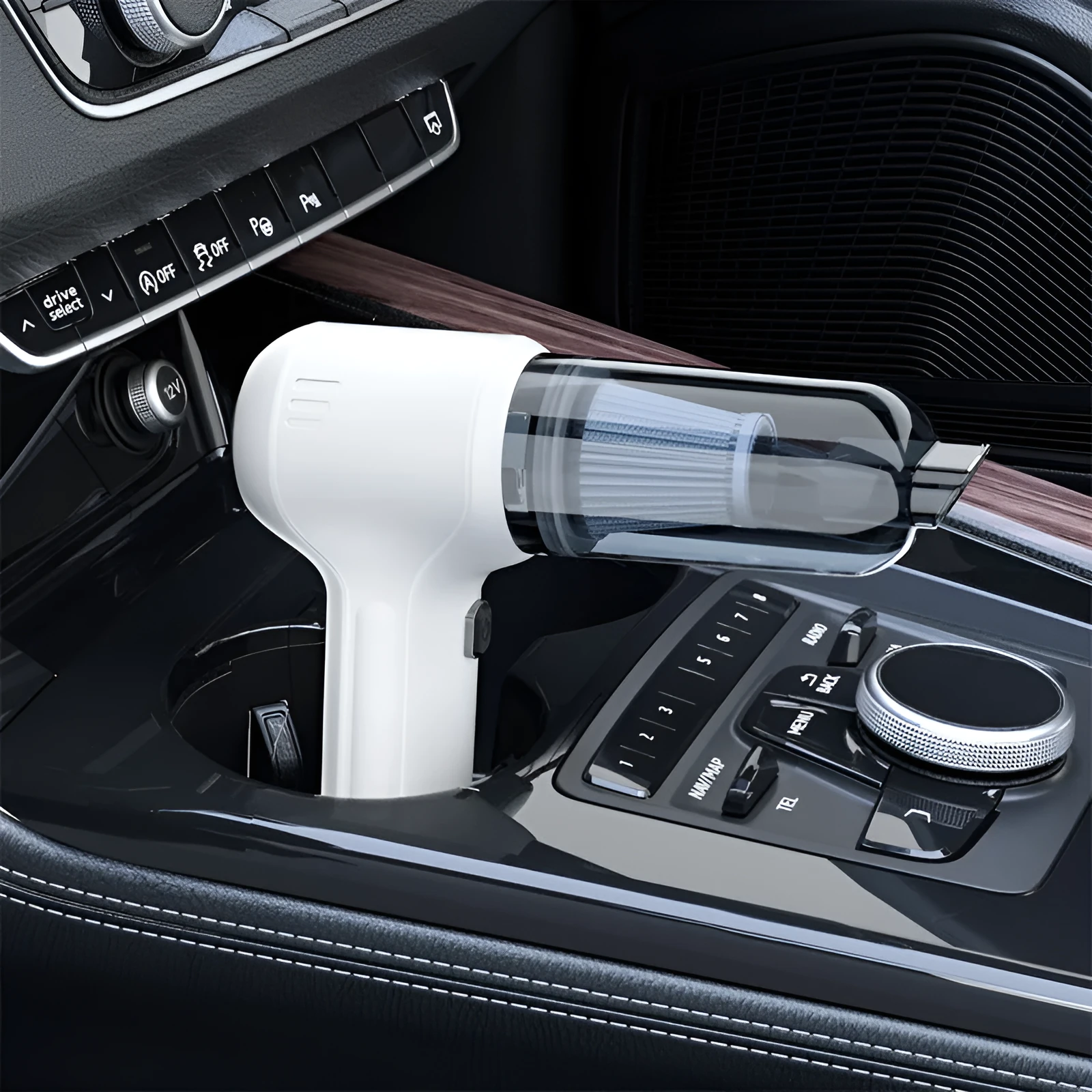 Black wireless wet and dry car vacuum cleaner with multiple nozzle attachments on a white background.