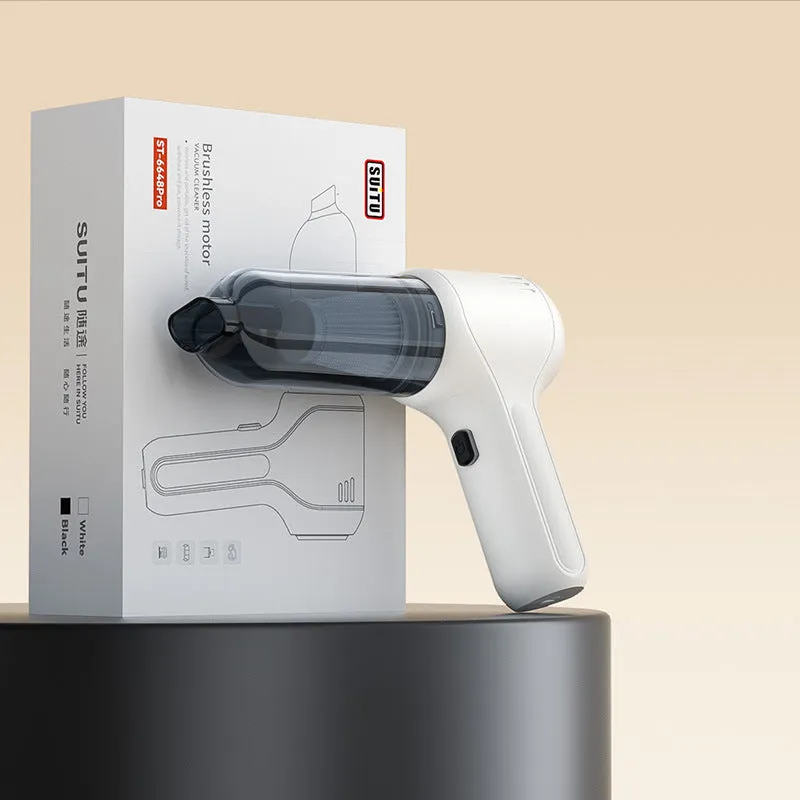 Black wireless wet and dry car vacuum cleaner with multiple nozzle attachments on a white background.