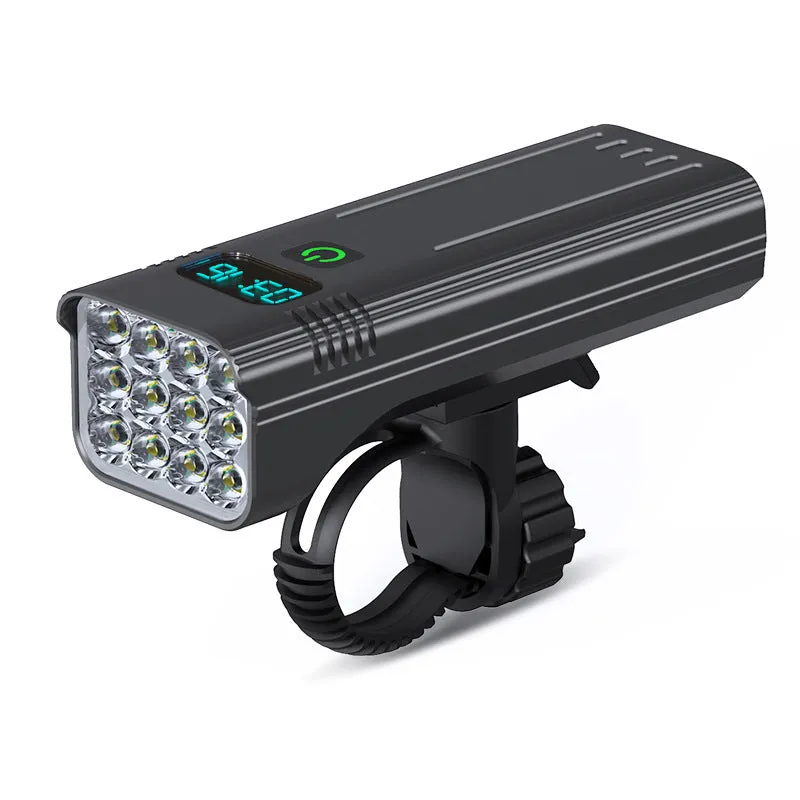Black KX12DF digital display bicycle headlight with USB port mounted on bike handlebars