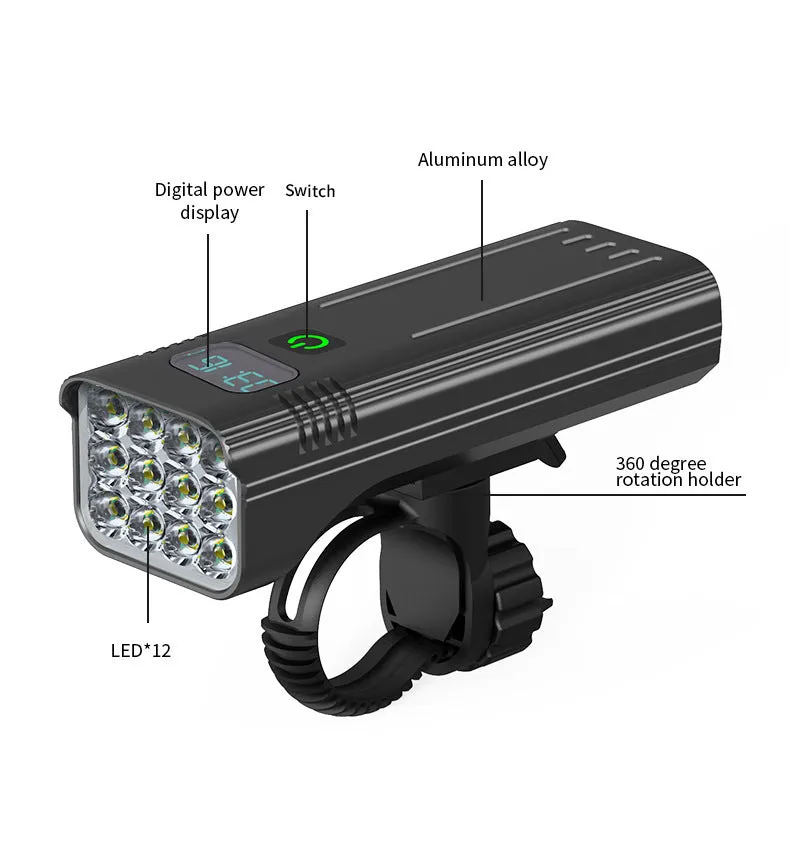 Black KX12DF digital display bicycle headlight with USB port mounted on bike handlebars