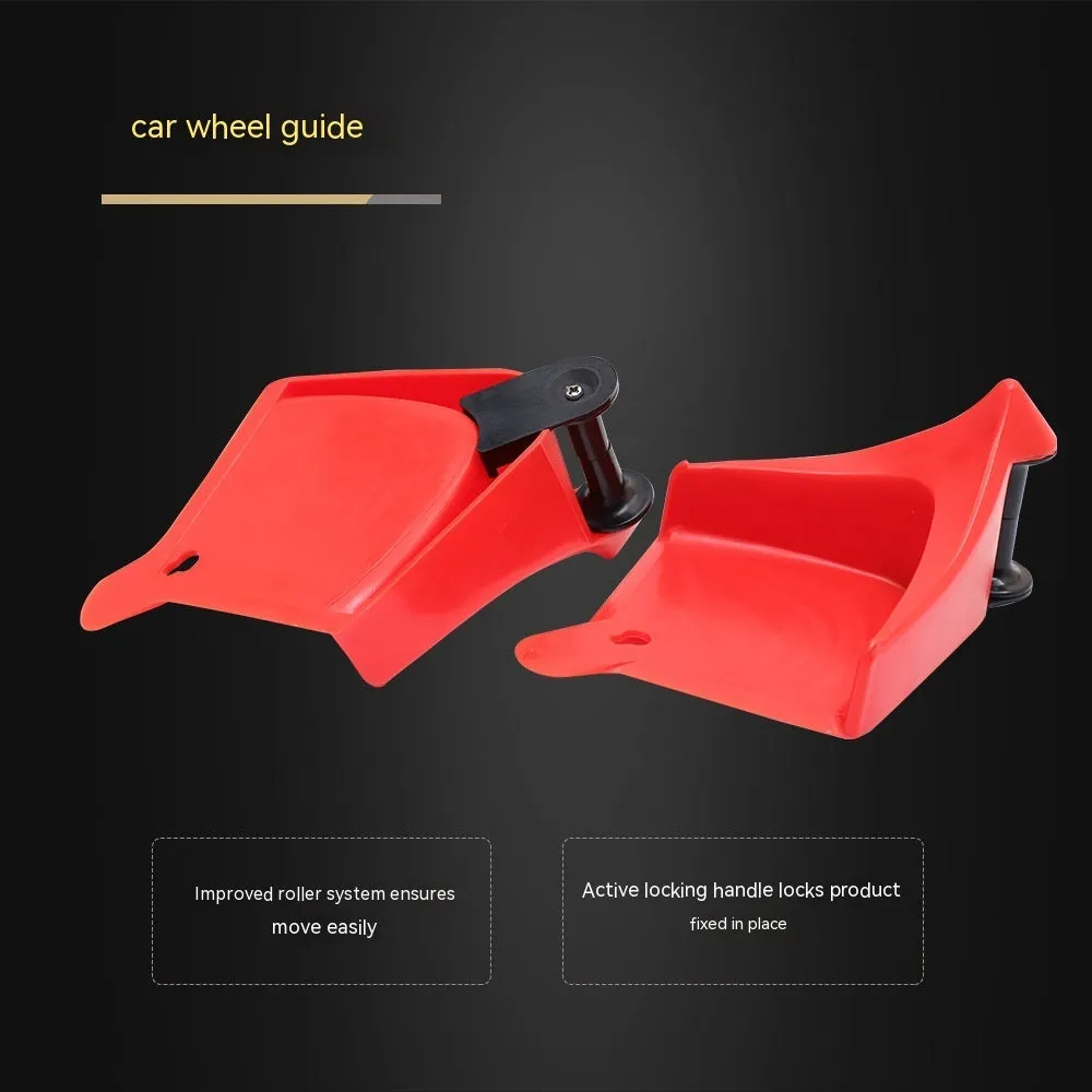 Set of four bright red, wedge-shaped rubber parking blocks for car tyres.