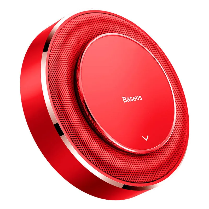 Aluminium alloy round car fragrance seat in black, red, and silver colours with fragrance tablets