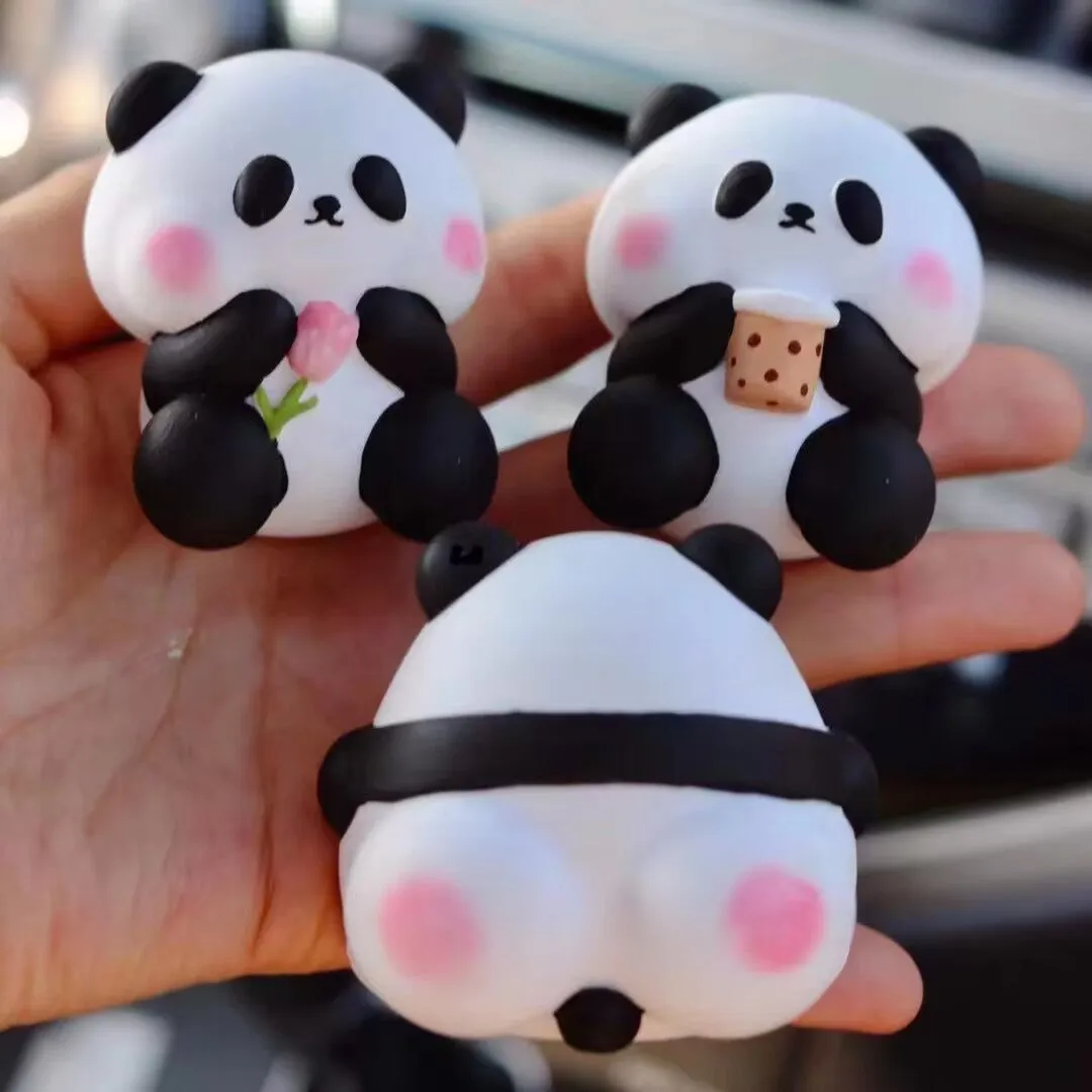 Cute panda-shaped car vent clip air freshener in three character designs: back, holding flower, and milk tea panda.