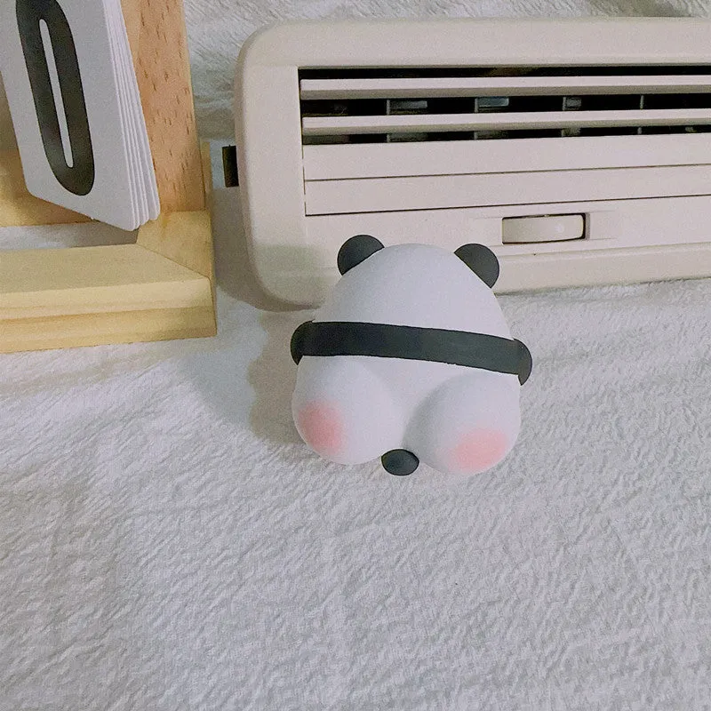 Cute panda-shaped car vent clip air freshener in three character designs: back, holding flower, and milk tea panda.