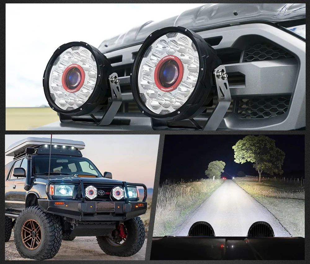Pair of 7-inch round waterproof LED off-road driving lights for vehicle mounting.
