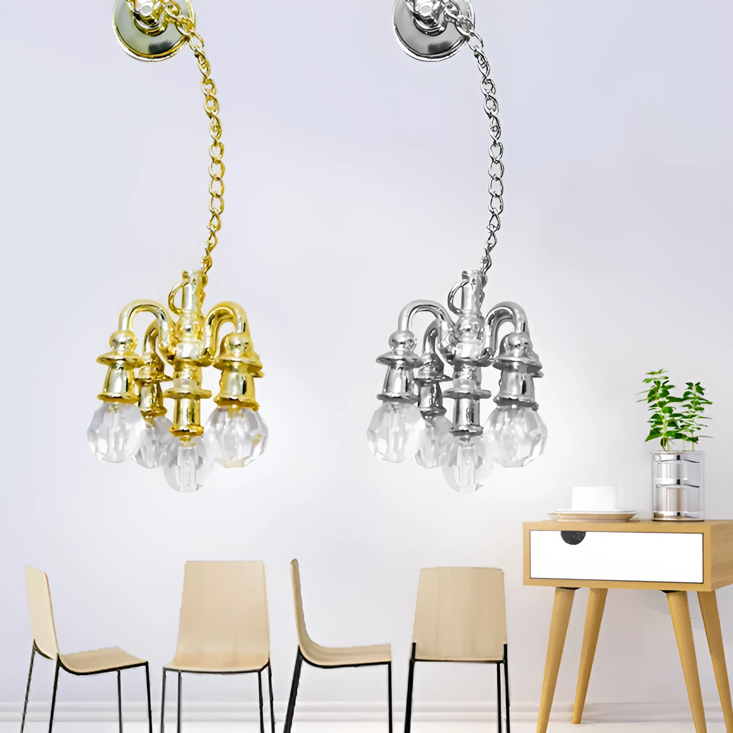 Mini metal retro ceiling light photo prop decoration in gold and silver, 5cm by 2cm.