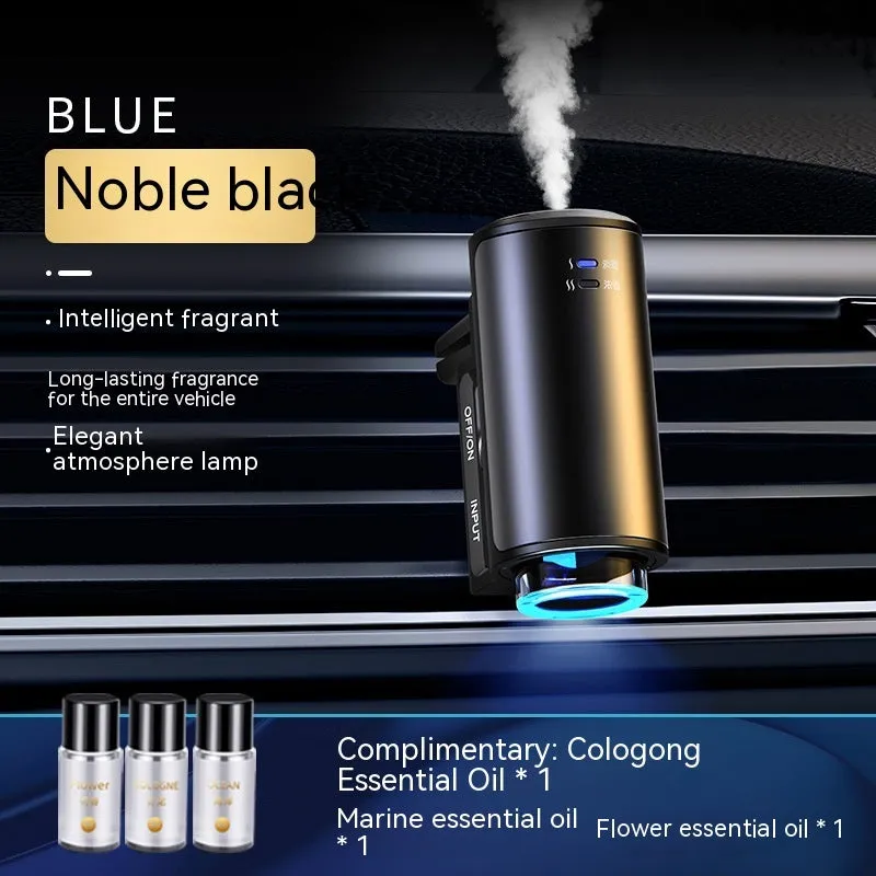 Car air vent clip-on aroma diffuser with essential oil bottle in Obsidian Black or Ocean Blue colour