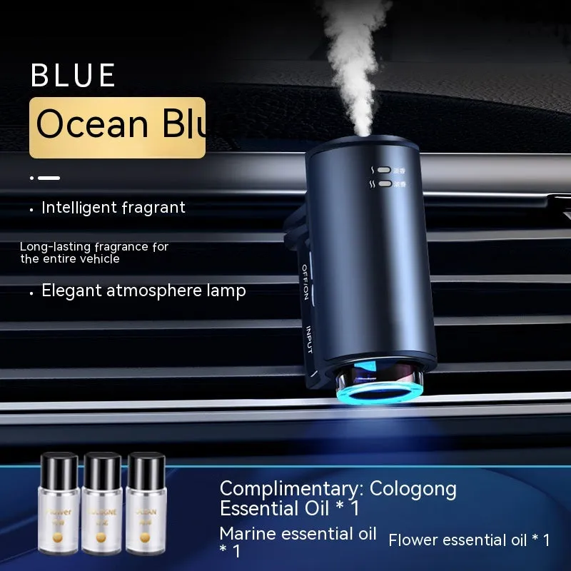 Car air vent clip-on aroma diffuser with essential oil bottle in Obsidian Black or Ocean Blue colour