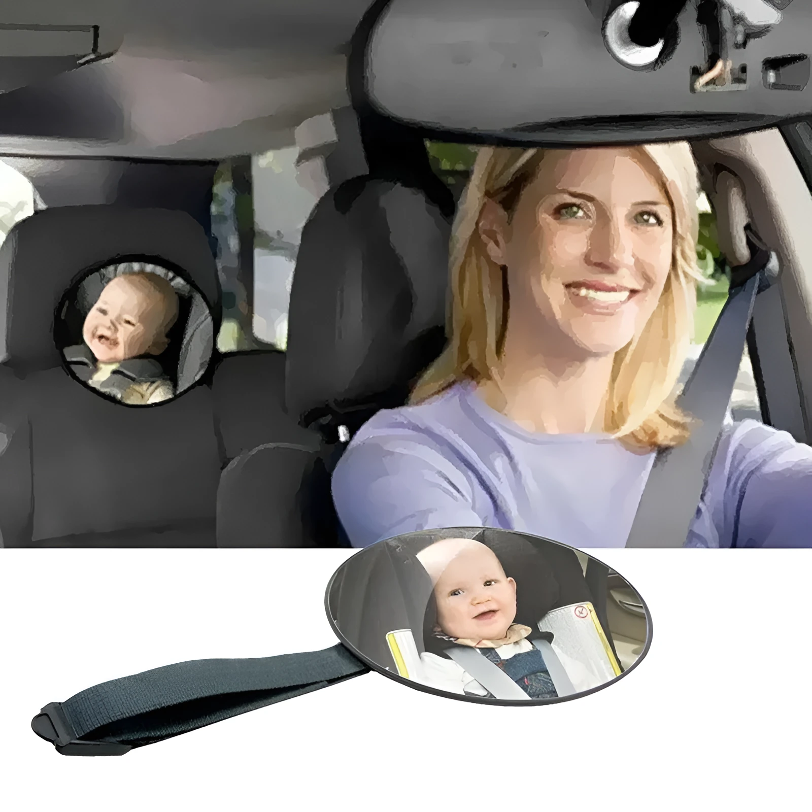 Black baby safety seat rearview mirror with 17cm glass and adjustable ribbon for car installation