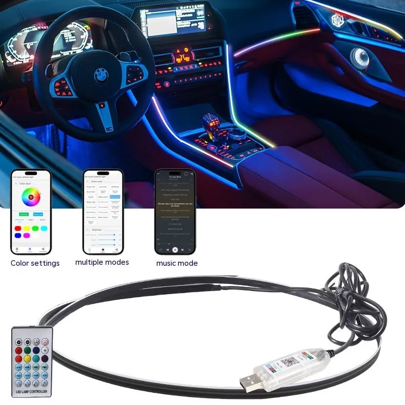 Car interior ambient lighting strip with remote control and USB connection for colour-changing LED effects