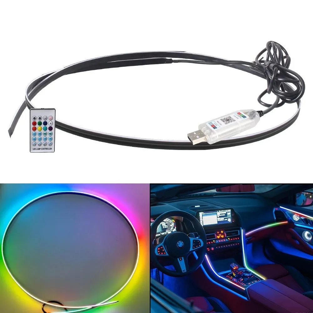 Car interior ambient lighting strip with remote control and USB connection for colour-changing LED effects