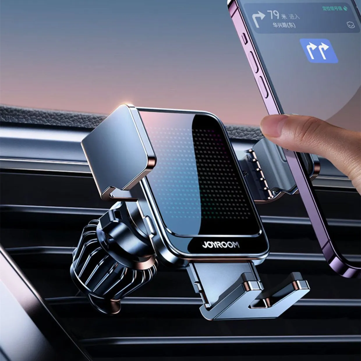 Black car wireless charging bracket with automatic mechanism mounted on air vent