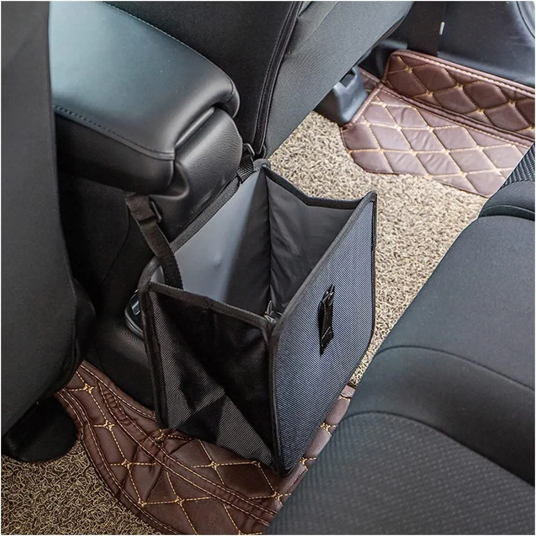 Black foldable car hanging trash can made from Oxford cloth, shown with dimensions.