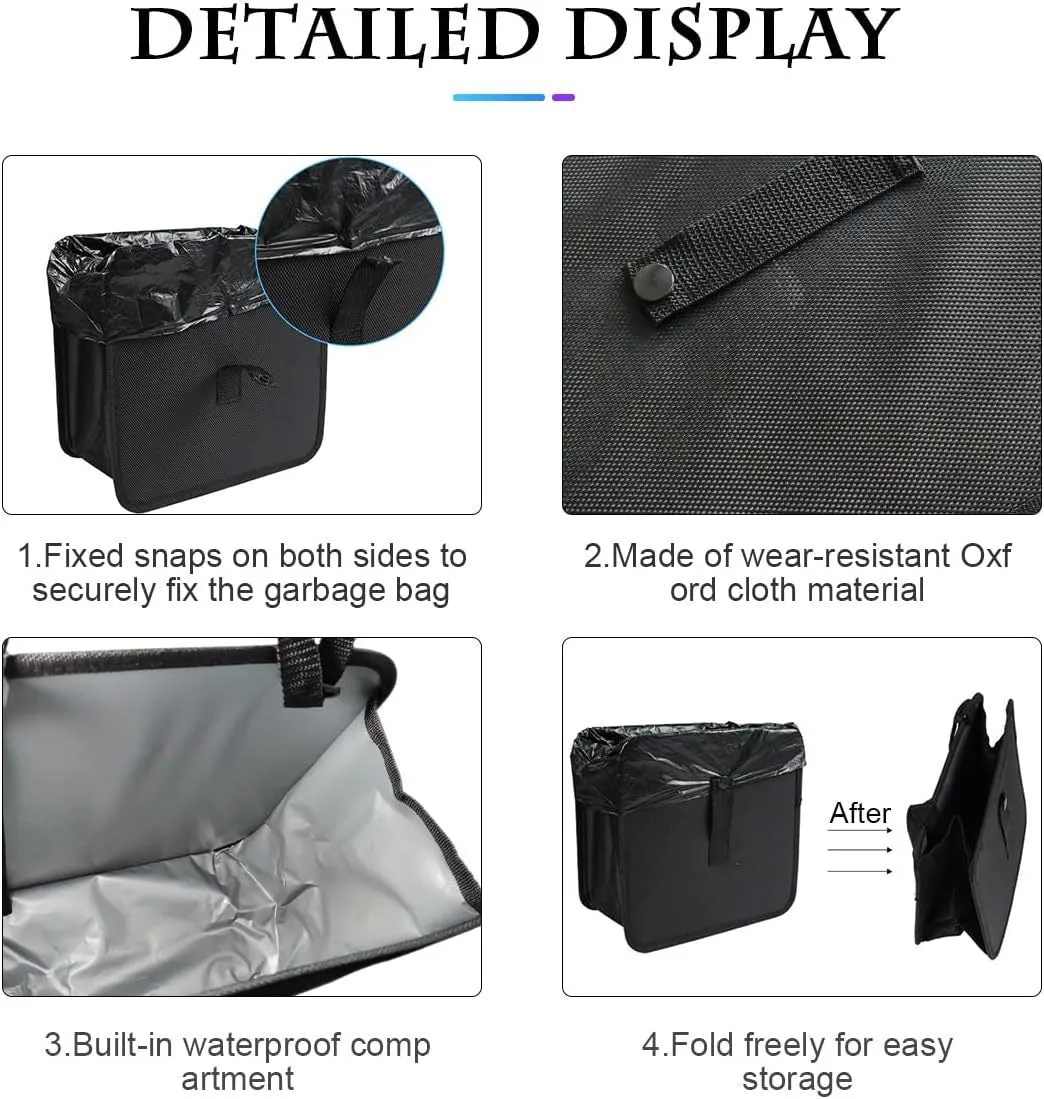 Black foldable car hanging trash can made from Oxford cloth, shown with dimensions.