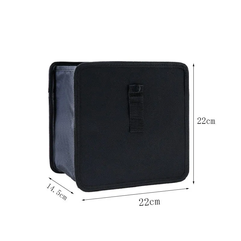Black foldable car hanging trash can made from Oxford cloth, shown with dimensions.