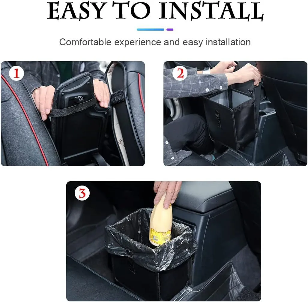 Black foldable car hanging trash can made from Oxford cloth, shown with dimensions.