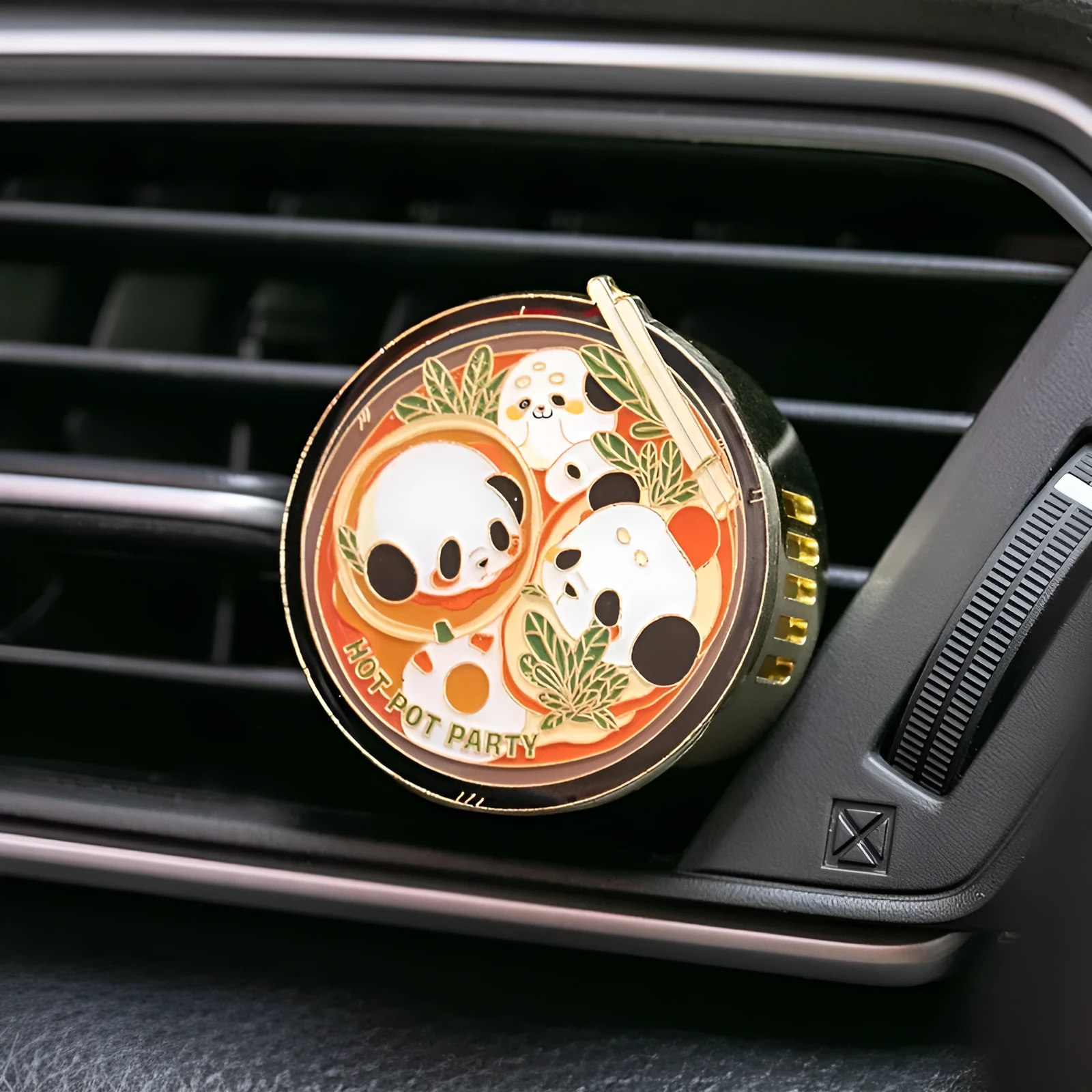 Panda hot pot design car air freshener with clip-on vent mount and diatomaceous earth fragrance tablets