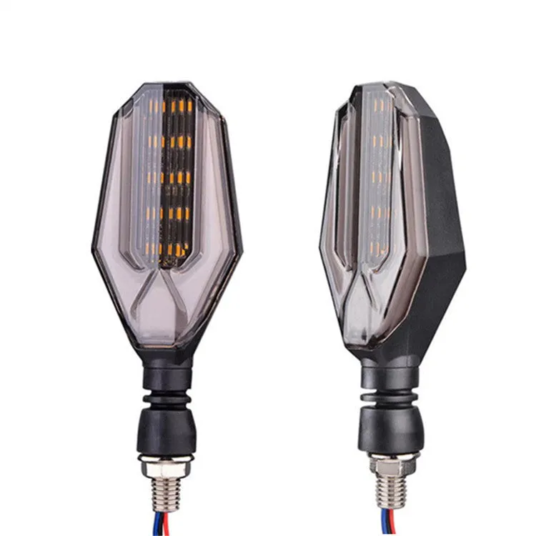 Pair of motorcycle LED indicator lights with coloured light guide options on black background