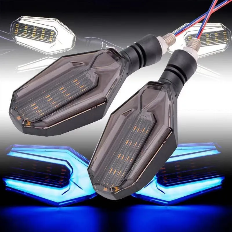Pair of motorcycle LED indicator lights with coloured light guide options on black background