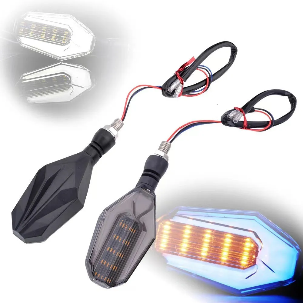 Pair of motorcycle LED indicator lights with coloured light guide options on black background