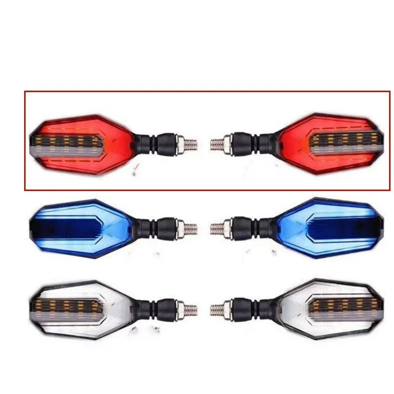 Pair of motorcycle LED indicator lights with coloured light guide options on black background