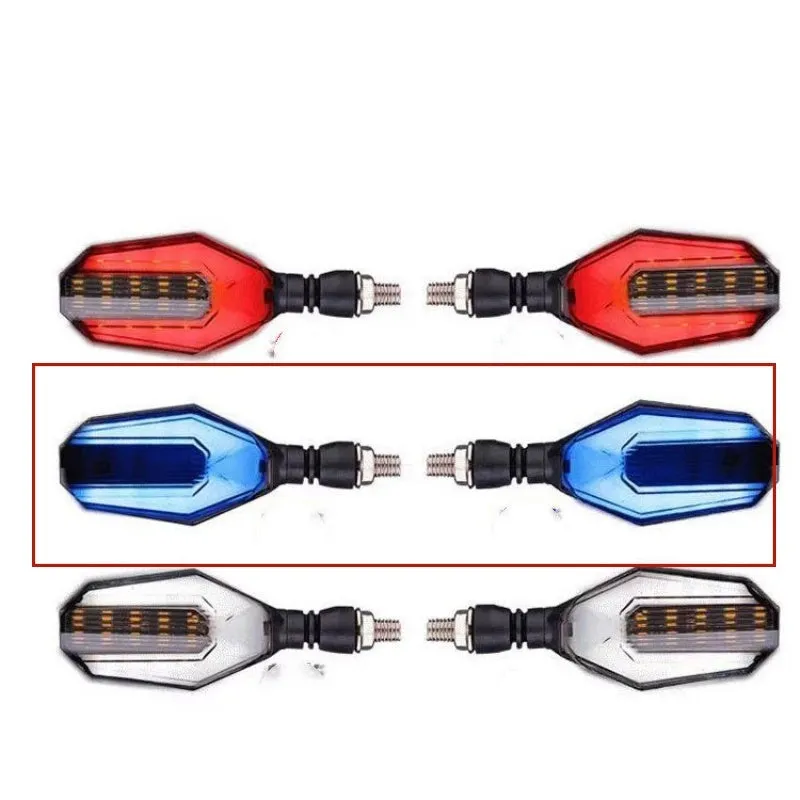 Pair of motorcycle LED indicator lights with coloured light guide options on black background