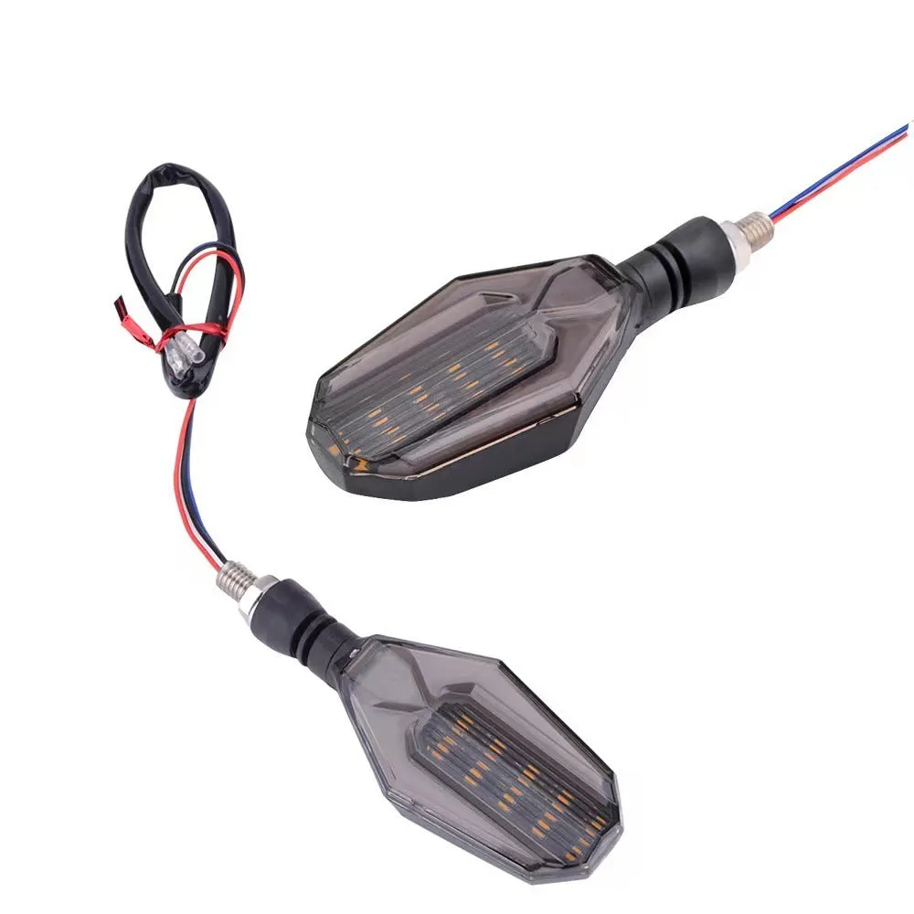 Pair of motorcycle LED indicator lights with coloured light guide options on black background