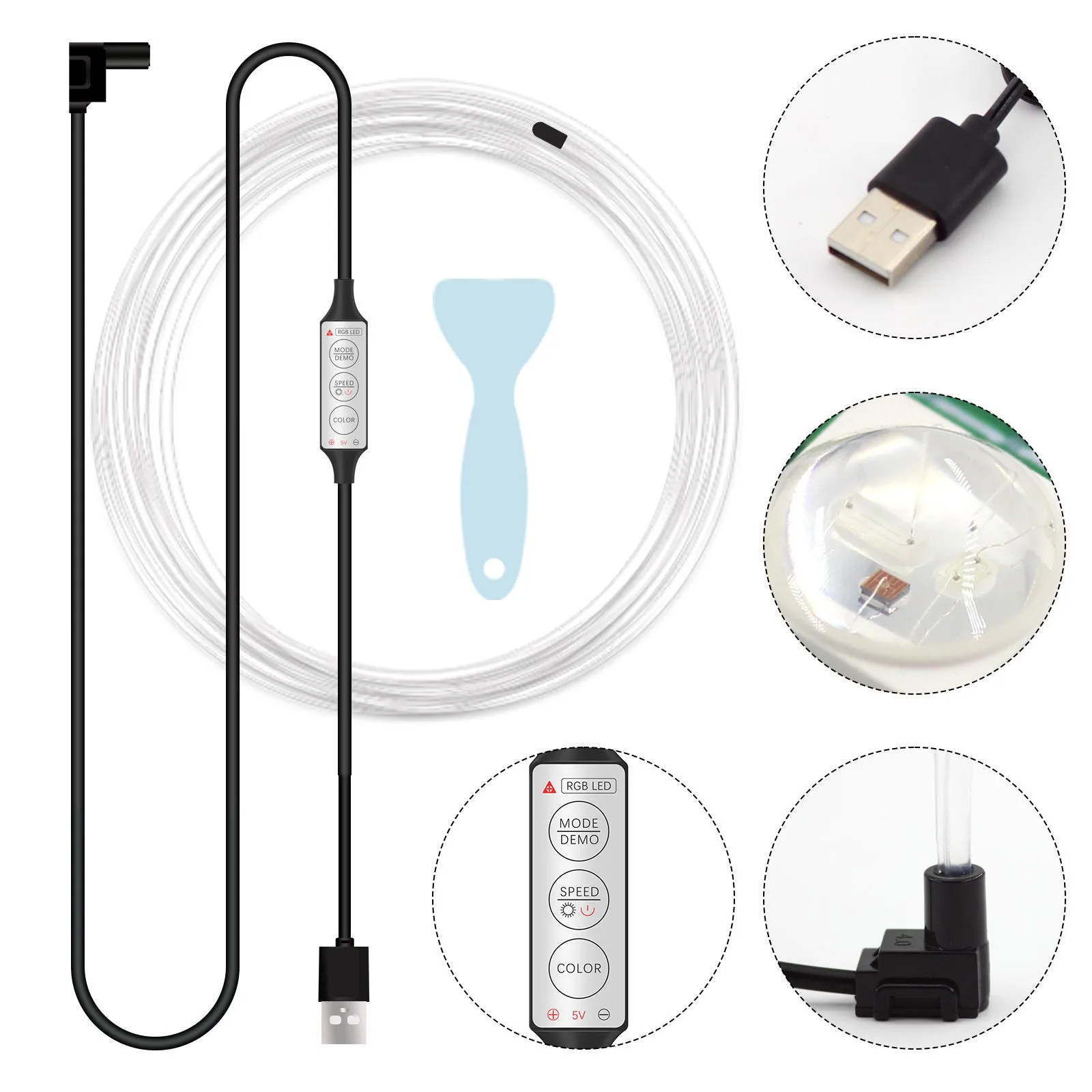 Car interior RGB LED light strip with wireless controller showing multiple colour modes