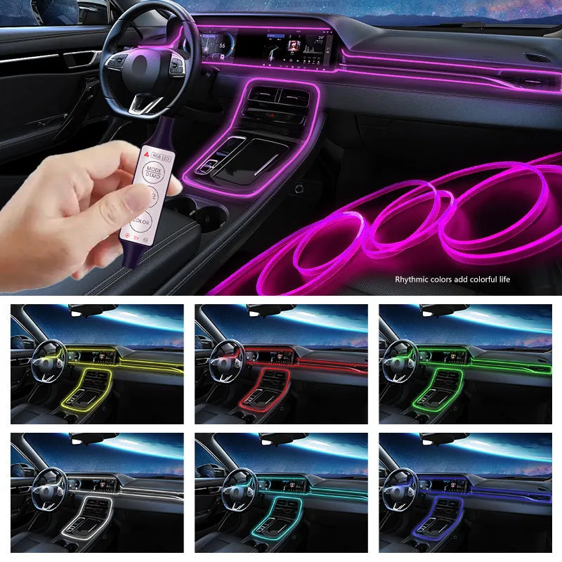 Car interior RGB LED light strip with wireless controller showing multiple colour modes