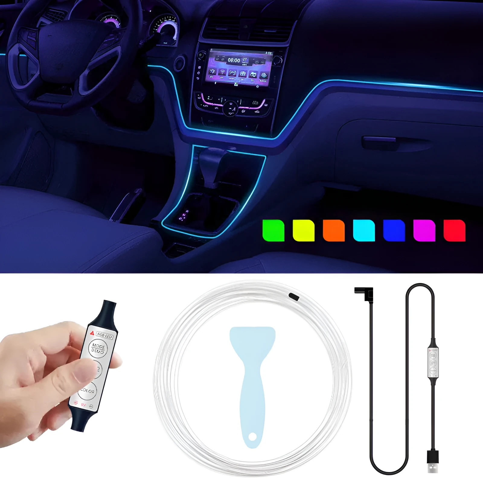 Car interior RGB LED light strip with wireless controller showing multiple colour modes